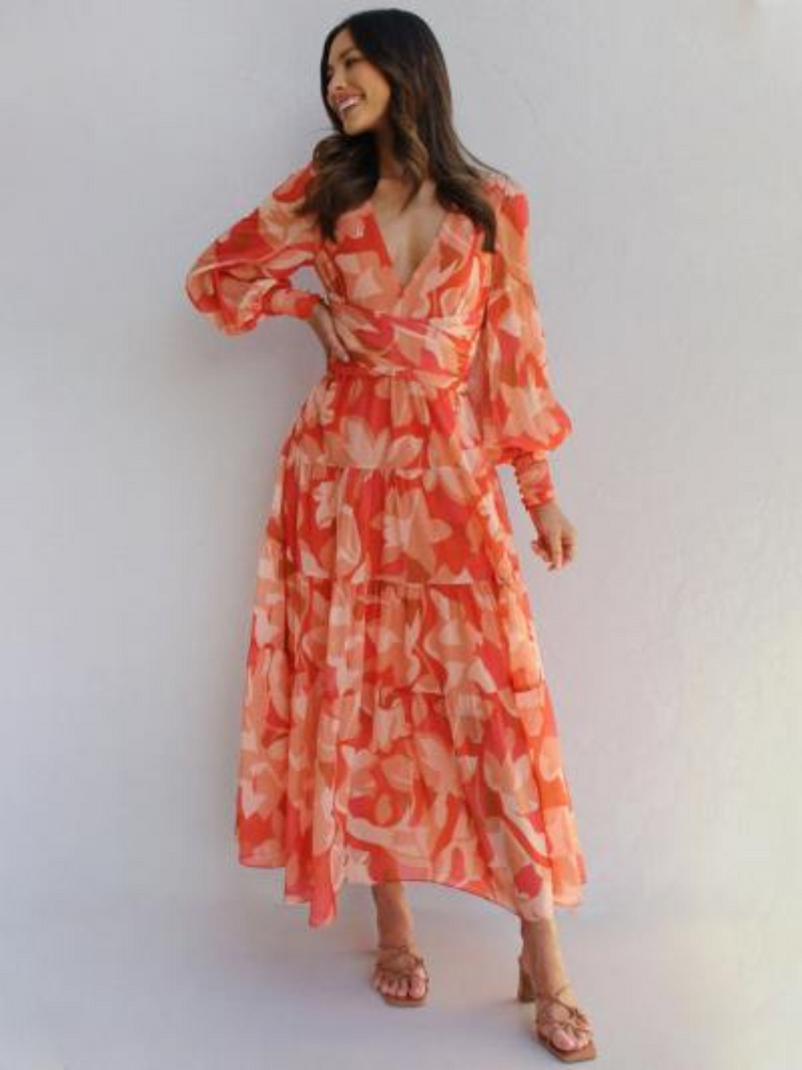Levoire | Robe Manches Longues Col V Robe Fluide Robe À Fleurs