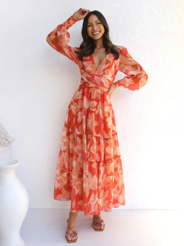 Levoire | Robe Manches Longues Col V Robe Fluide Robe À Fleurs