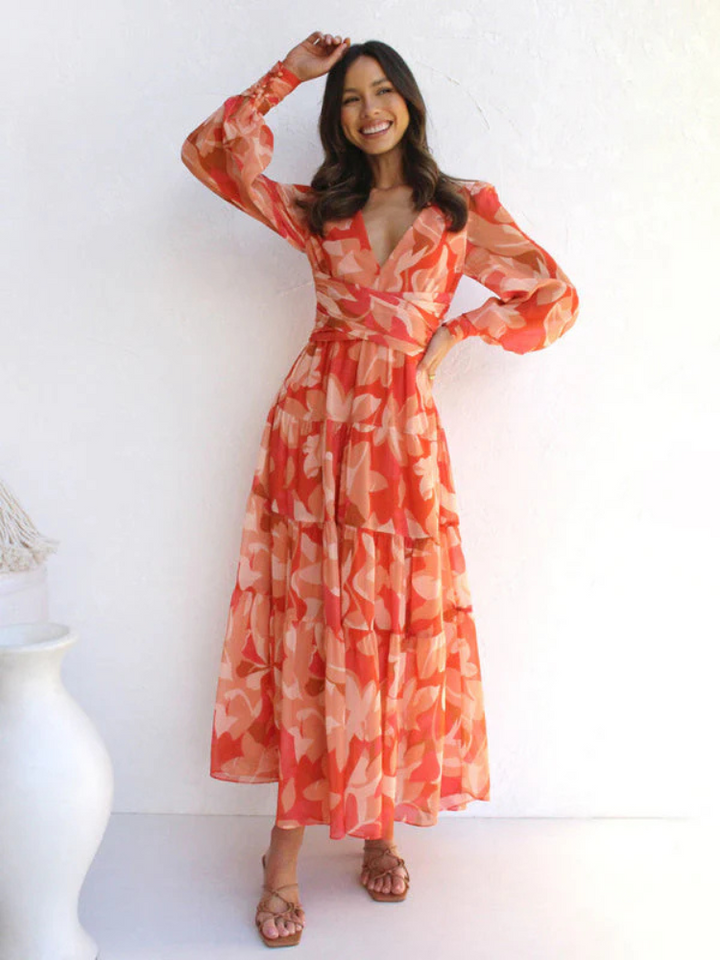 Levoire | Robe Manches Longues Col V Robe Fluide Robe À Fleurs
