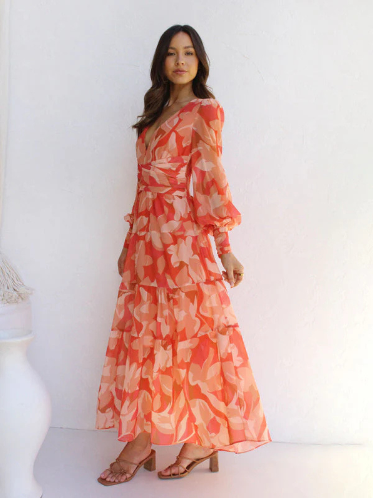 Levoire | Robe Manches Longues Col V Robe Fluide Robe À Fleurs Orange