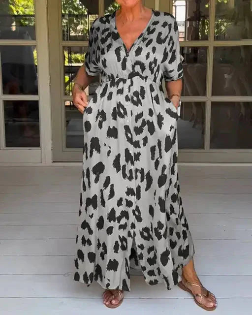 Levoire | Motif Léopard Robe D'Été À Manches Courtes Robes Longues Argent