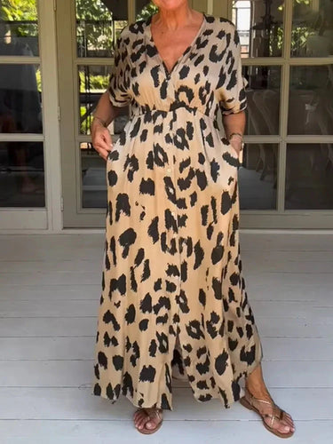 Levoire | Motif Léopard Robe D'Été À Manches Courtes Robes Longues