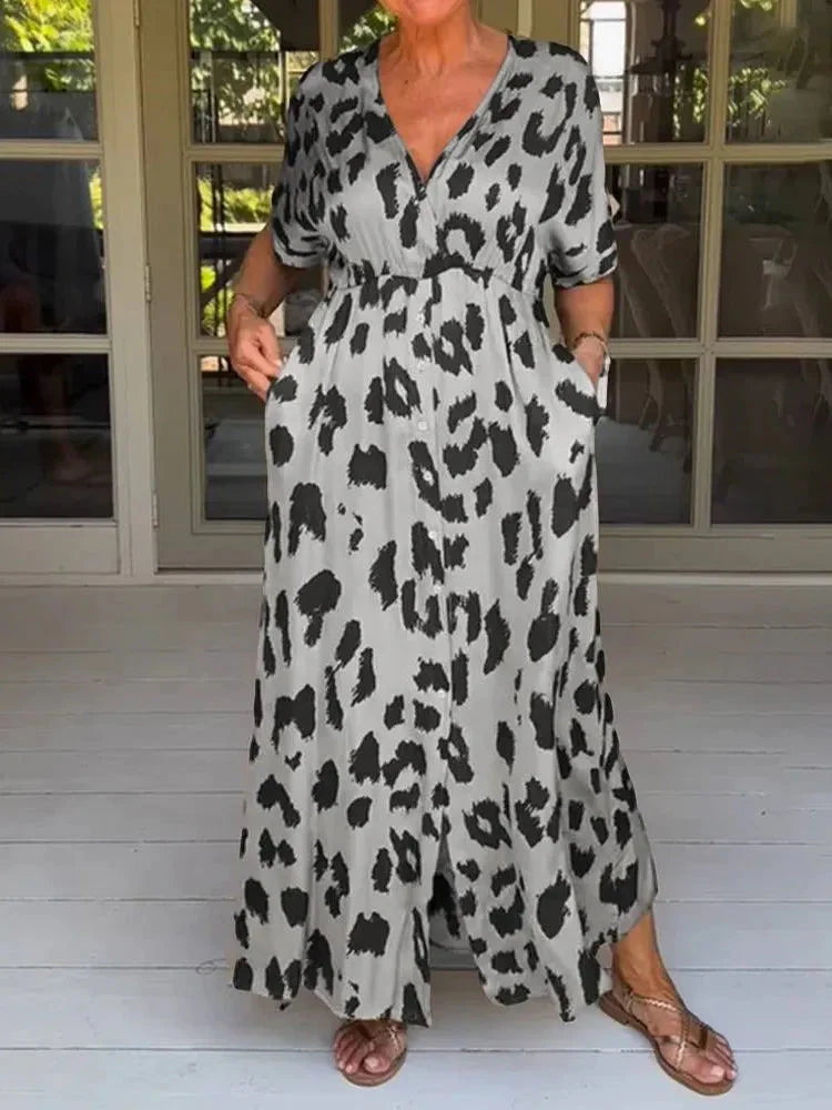 Levoire | Motif Léopard Robe D'Été À Manches Courtes Robes Longues