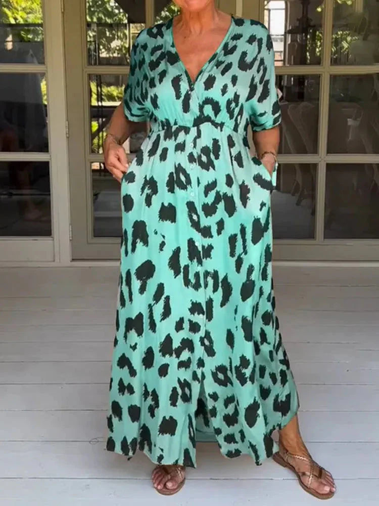 Levoire | Motif Léopard Robe D'Été À Manches Courtes Robes Longues