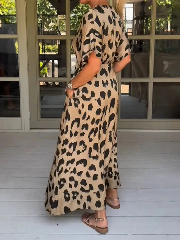 Levoire | Motif Léopard Robe D'Été À Manches Courtes Robes Longues