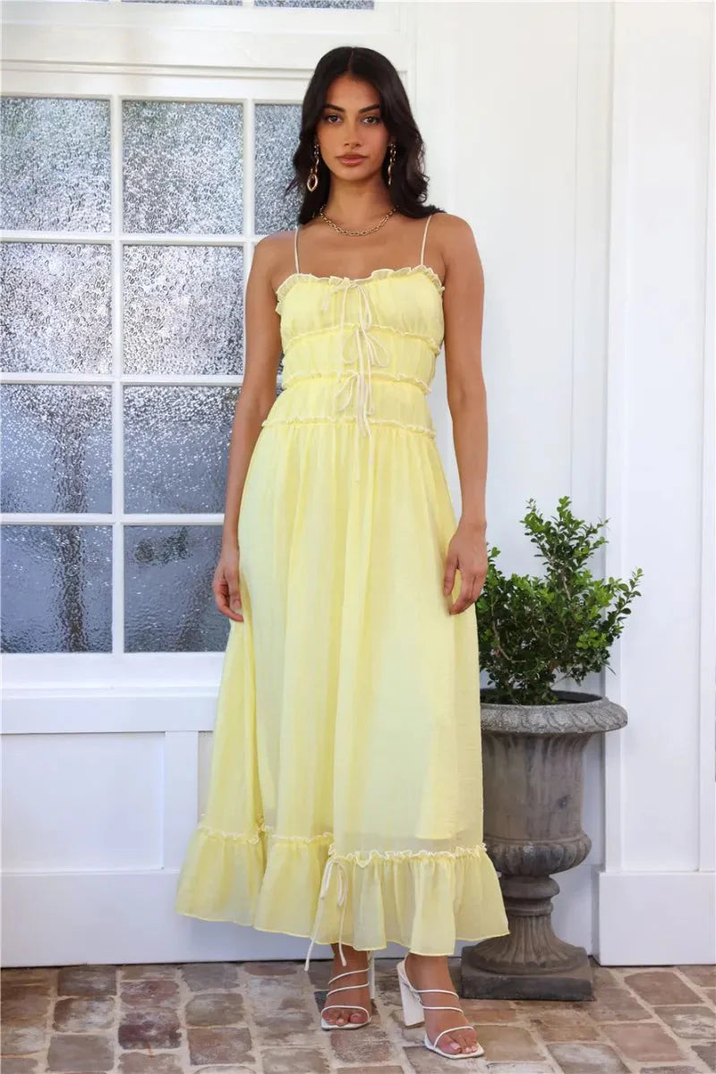Levoire | Robe D'Été À Bretelles Spaghetti Sans Manches À Volants Jaune