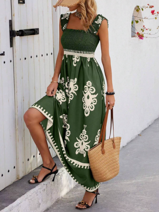 Levoire | Ruffle A-Line Boho Dress Summer Dress Vert foncé