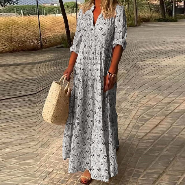 Levoire | Robe Boho À Manches Longues À Décolleté En V Robe D'Été Gris