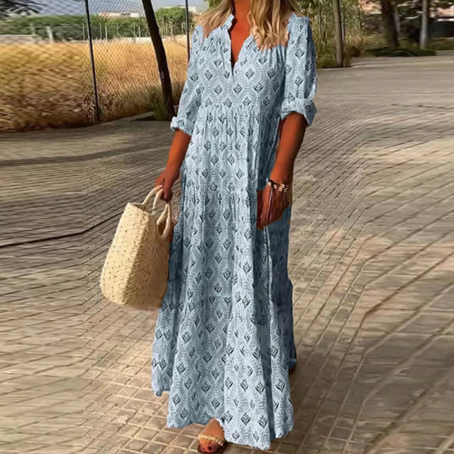 Levoire | Robe Boho À Manches Longues À Décolleté En V Robe D'Été Bleu