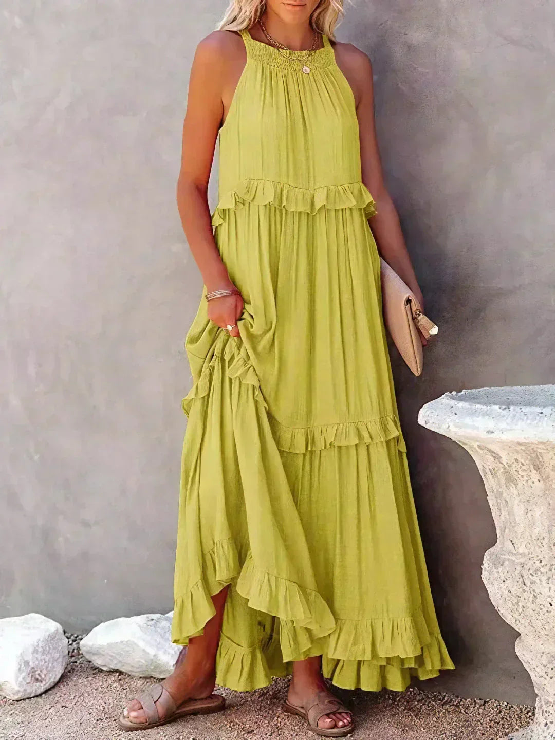 Levoire | Robe À Volants Halterneck Sans Manches Robe Fluide Robe De Plage Jaune
