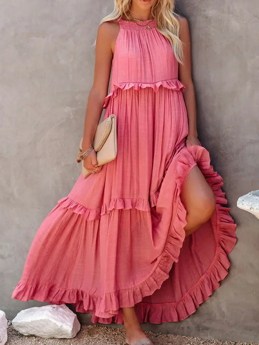Levoire | Robe À Volants Halterneck Sans Manches Robe Fluide Robe De Plage Rosa
