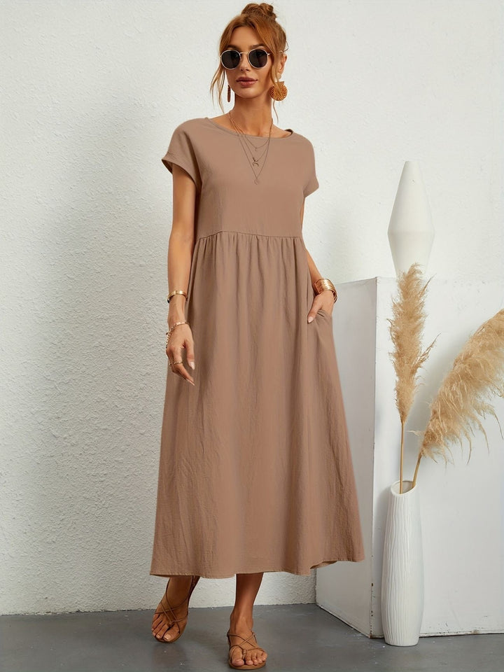 Levoire | Robe En Lin Fluide Élégante À Manches Courtes Pour Femmes Khaki