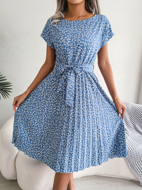 Levoire | Robe Midi Trapèze à col Rond et Imprimé Floral Avec Ceinture à Nouer