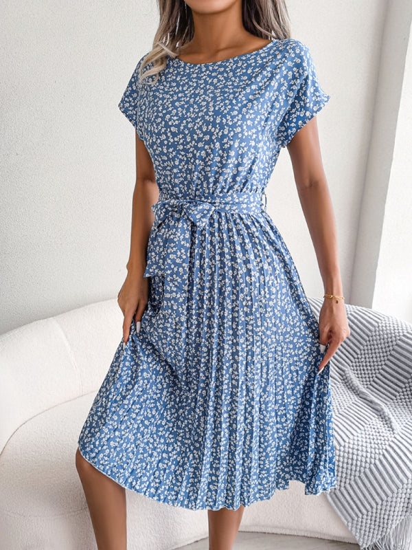 Levoire | Robe Midi Trapèze à col Rond et Imprimé Floral Avec Ceinture à Nouer