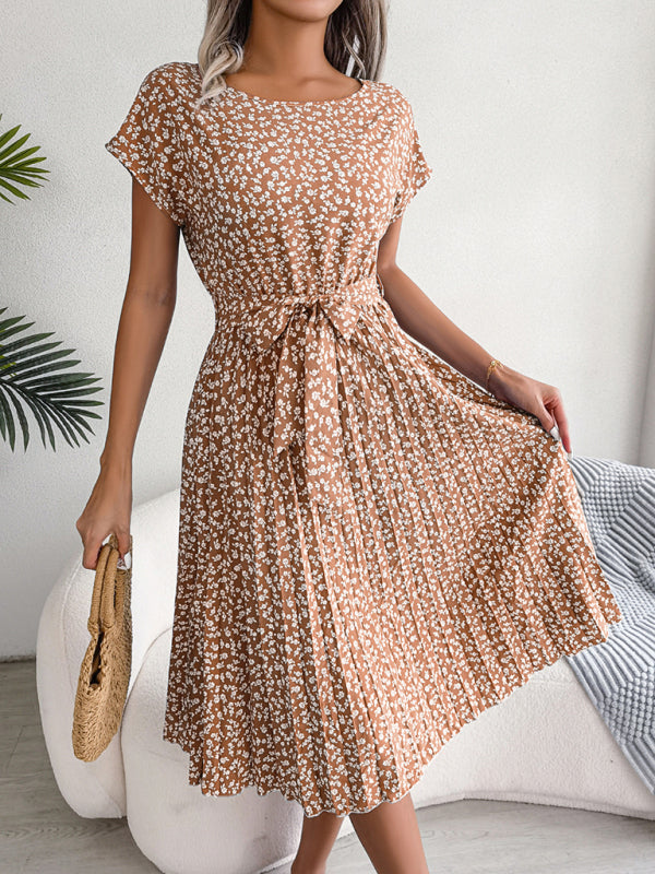 Levoire | Robe Midi Trapèze à col Rond et Imprimé Floral Avec Ceinture à Nouer