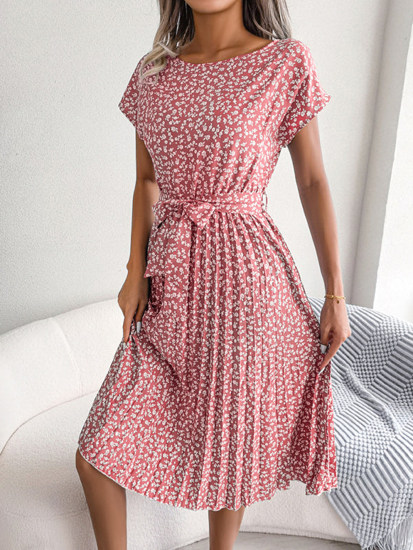 Levoire | Robe Midi Trapèze à col Rond et Imprimé Floral Avec Ceinture à Nouer Rose