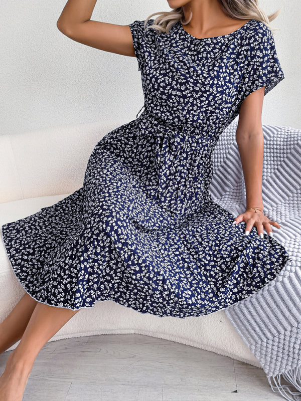 Levoire | Robe Midi Trapèze à col Rond et Imprimé Floral Avec Ceinture à Nouer