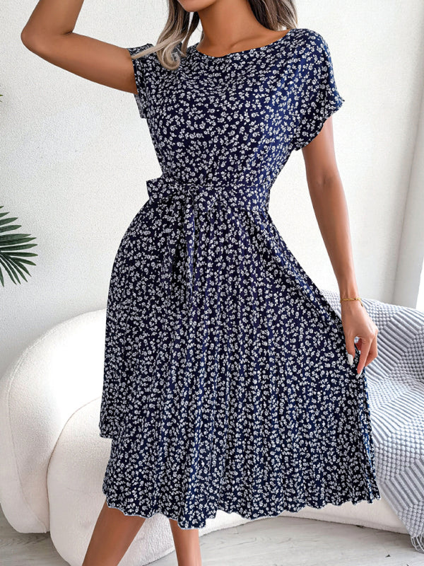 Levoire | Robe Midi Trapèze à col Rond et Imprimé Floral Avec Ceinture à Nouer Bleu violacé Marine