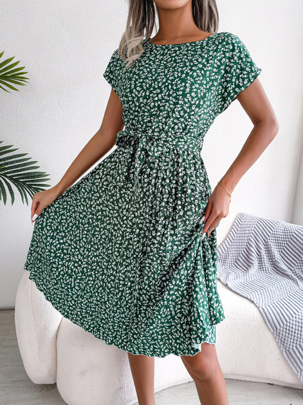 Levoire | Robe Midi Trapèze à col Rond et Imprimé Floral Avec Ceinture à Nouer