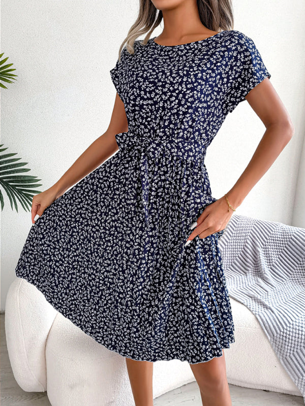 Levoire | Robe Midi Trapèze à col Rond et Imprimé Floral Avec Ceinture à Nouer