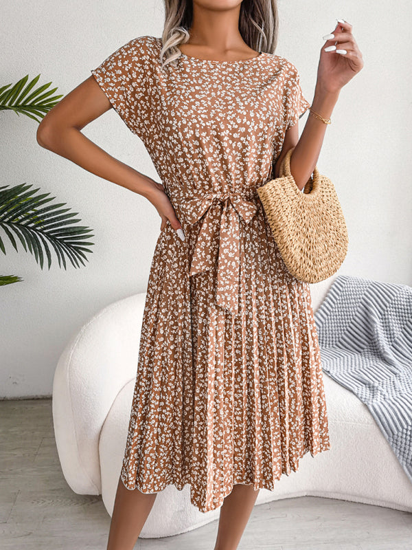 Levoire | Robe Midi Trapèze à col Rond et Imprimé Floral Avec Ceinture à Nouer