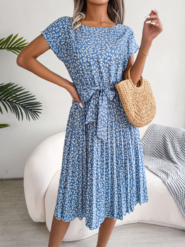Levoire | Robe Midi Trapèze à col Rond et Imprimé Floral Avec Ceinture à Nouer Bleu clair