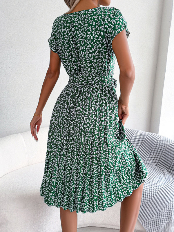 Levoire | Robe Midi Trapèze à col Rond et Imprimé Floral Avec Ceinture à Nouer