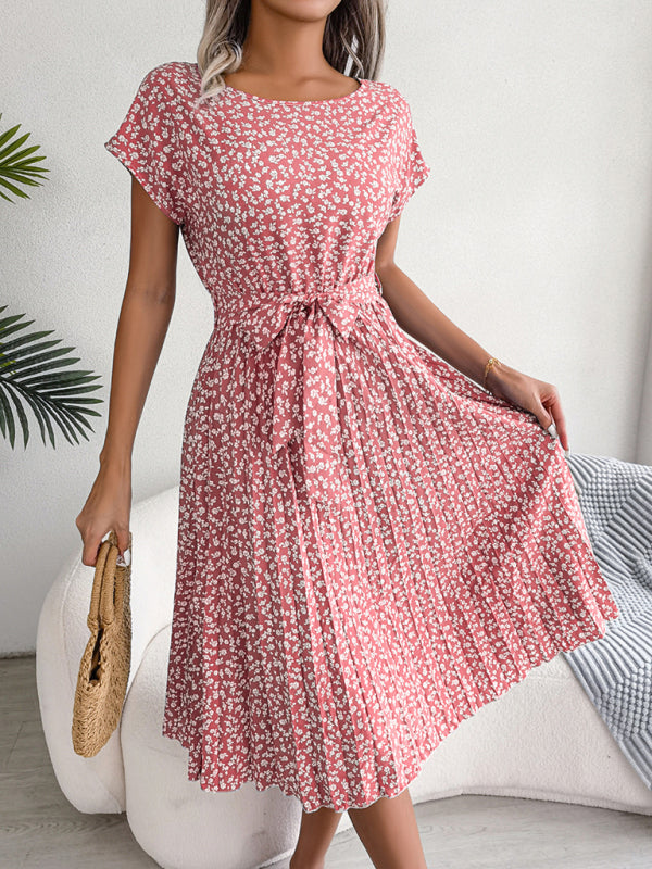 Levoire | Robe Midi Trapèze à col Rond et Imprimé Floral Avec Ceinture à Nouer