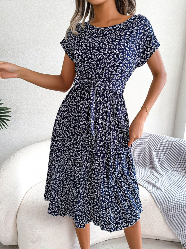 Levoire | Robe Midi Trapèze à col Rond et Imprimé Floral Avec Ceinture à Nouer