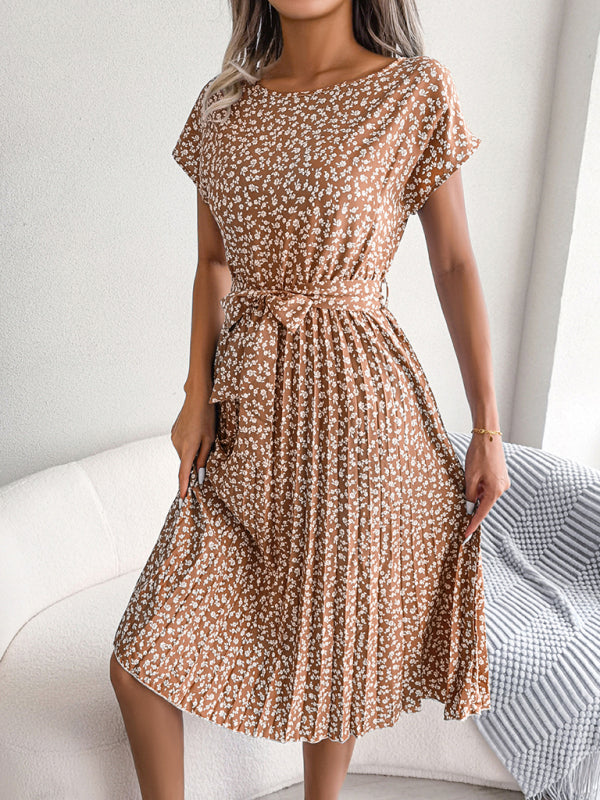 Levoire | Robe Midi Trapèze à col Rond et Imprimé Floral Avec Ceinture à Nouer
