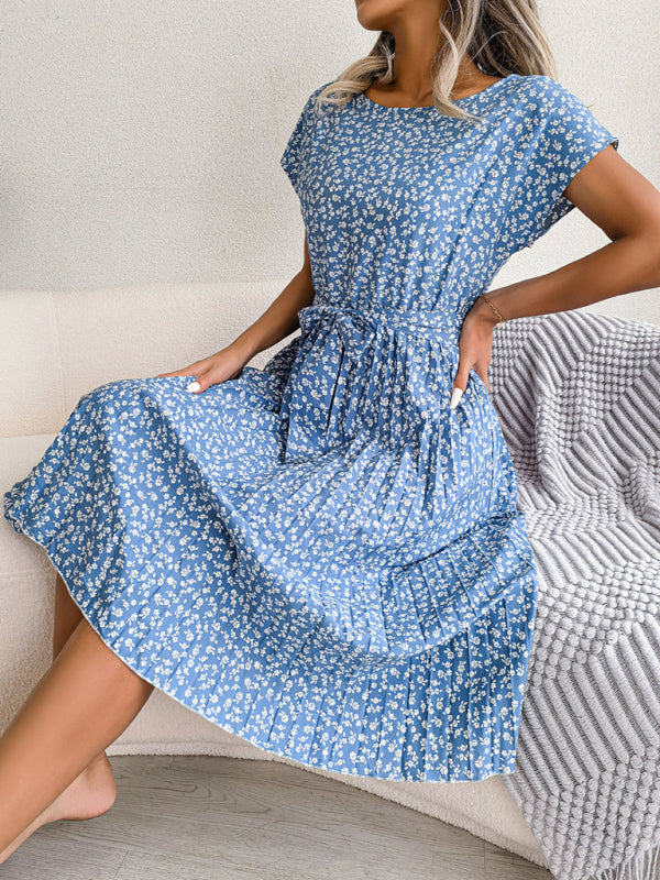 Levoire | Robe Midi Trapèze à col Rond et Imprimé Floral Avec Ceinture à Nouer