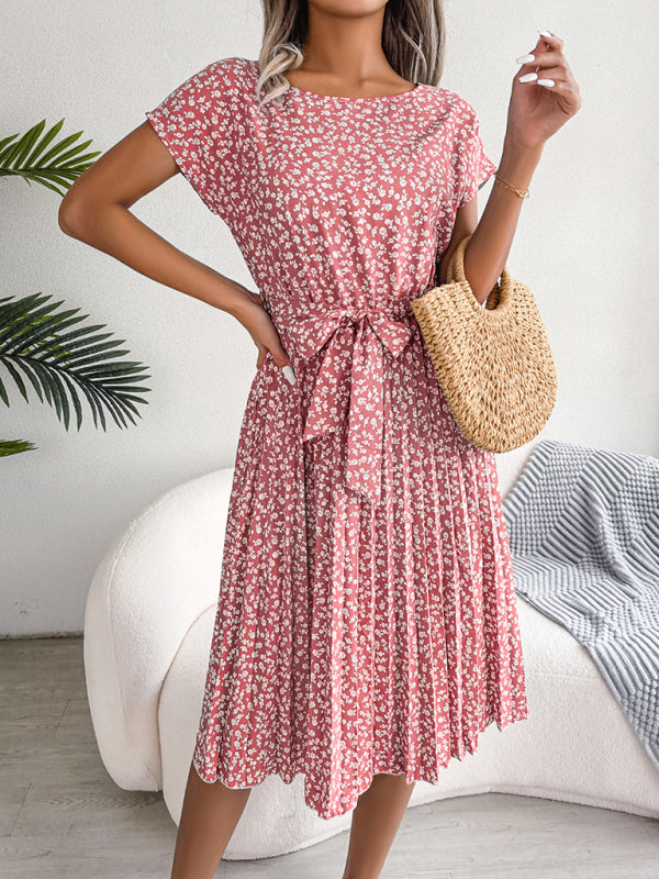 Levoire | Robe Midi Trapèze à col Rond et Imprimé Floral Avec Ceinture à Nouer