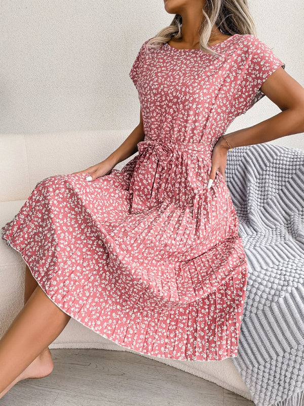 Levoire | Robe Midi Trapèze à col Rond et Imprimé Floral Avec Ceinture à Nouer