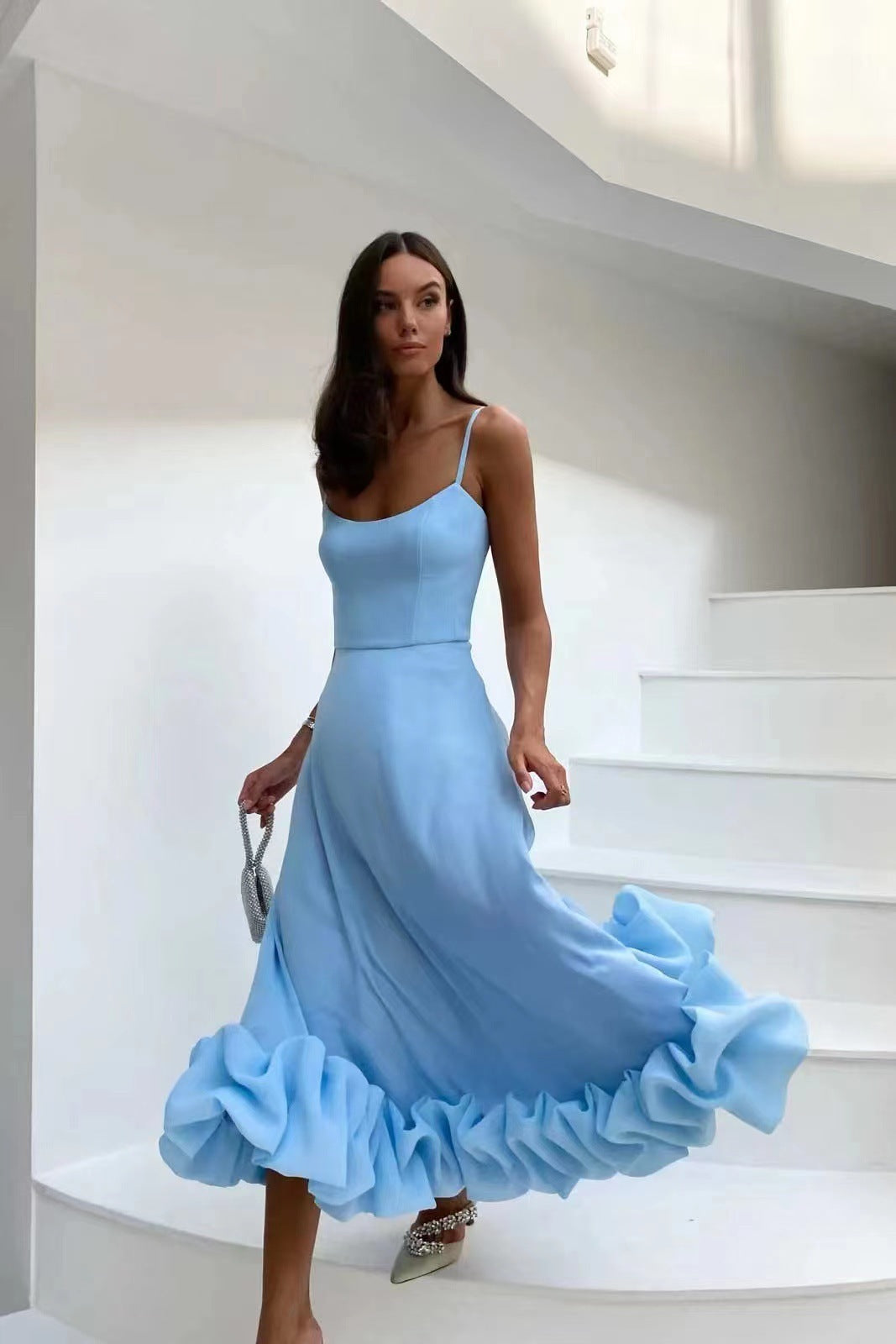 Levoire | Bretelles Spaghetti Volants Robe Élégante Robe D'Été Bleu
