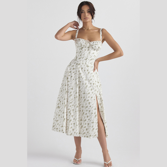 Levoire | Robe Sans Manches À Corsage Fleuri Été Blanc Vert