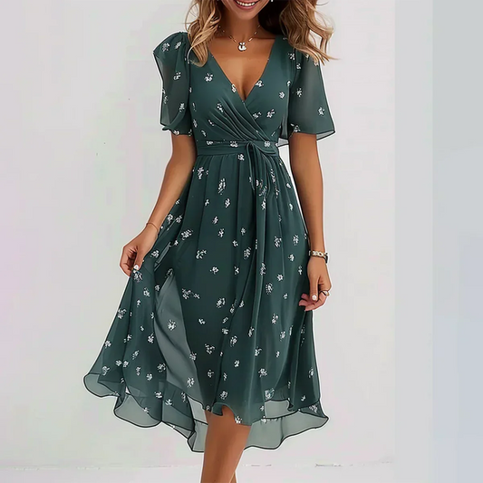 Levoire | Vert Robe À Manches Courtes Avec Décolleté En V Robe Élégante Vert