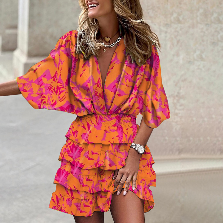 Levoire | Robe D'Été Élégante Avec Des Manches Mi-Longues Et Décolleté En V Avec Volants Orange