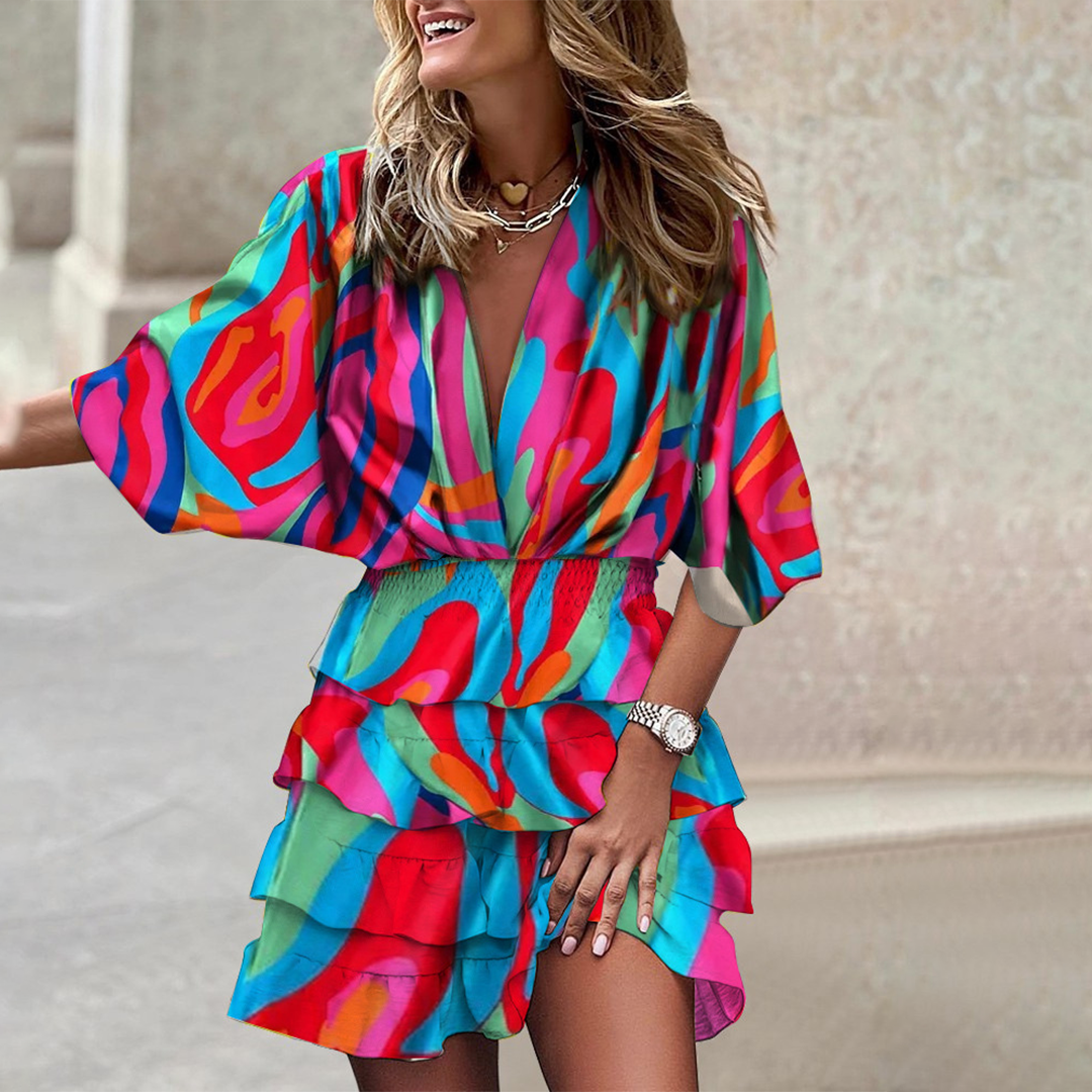 Levoire | Robe D'Été Élégante Avec Des Manches Mi-Longues Et Décolleté En V Avec Volants Rosa