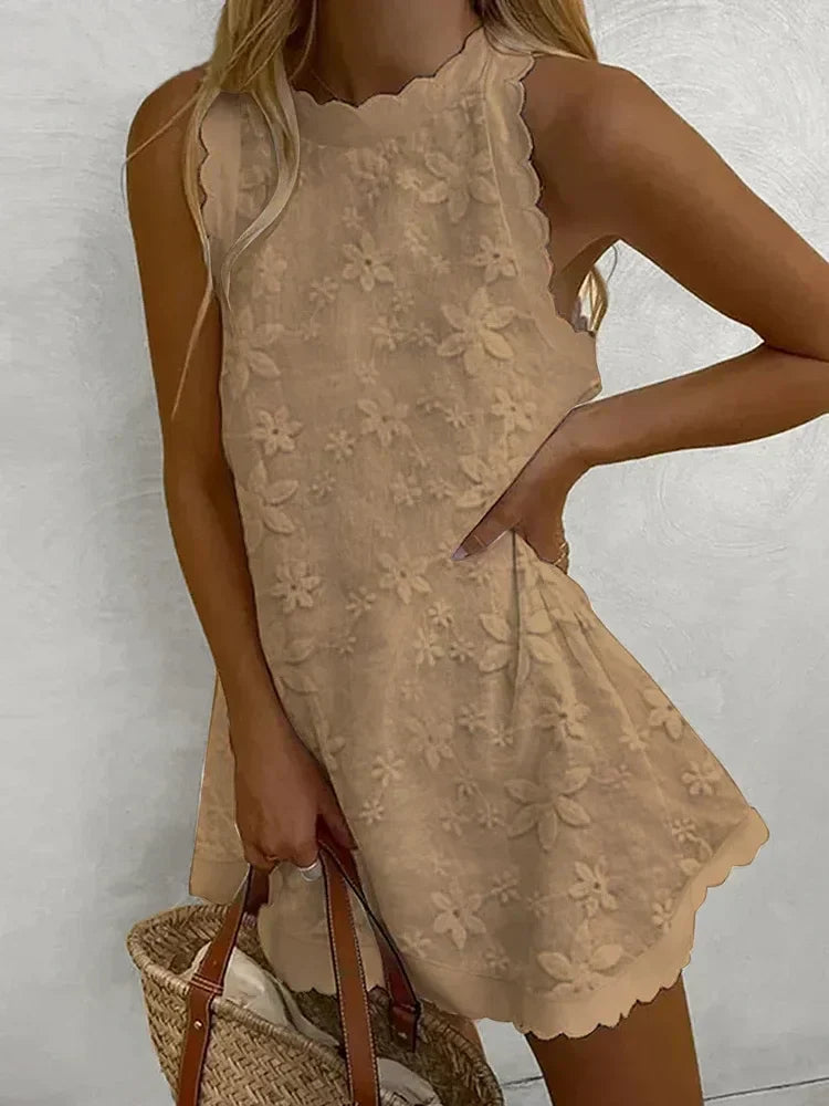 Levoire | Robe Sans Manches Modèle Décontracté Robe À Fleurs Robe D'Été Beige