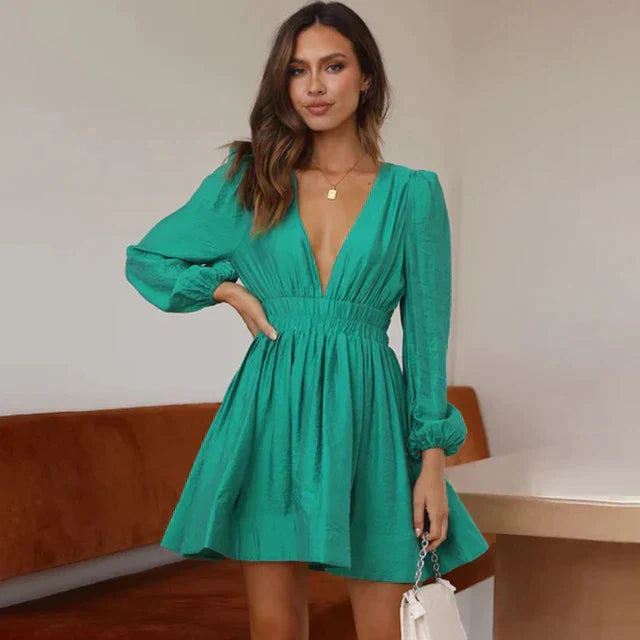 Levoire | V-Cou Rassemble Taille Robe À Manches Longues Robe D'Été Vert