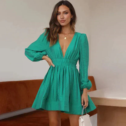 Levoire | V-Cou Rassemble Taille Robe À Manches Longues Robe D'Été Vert