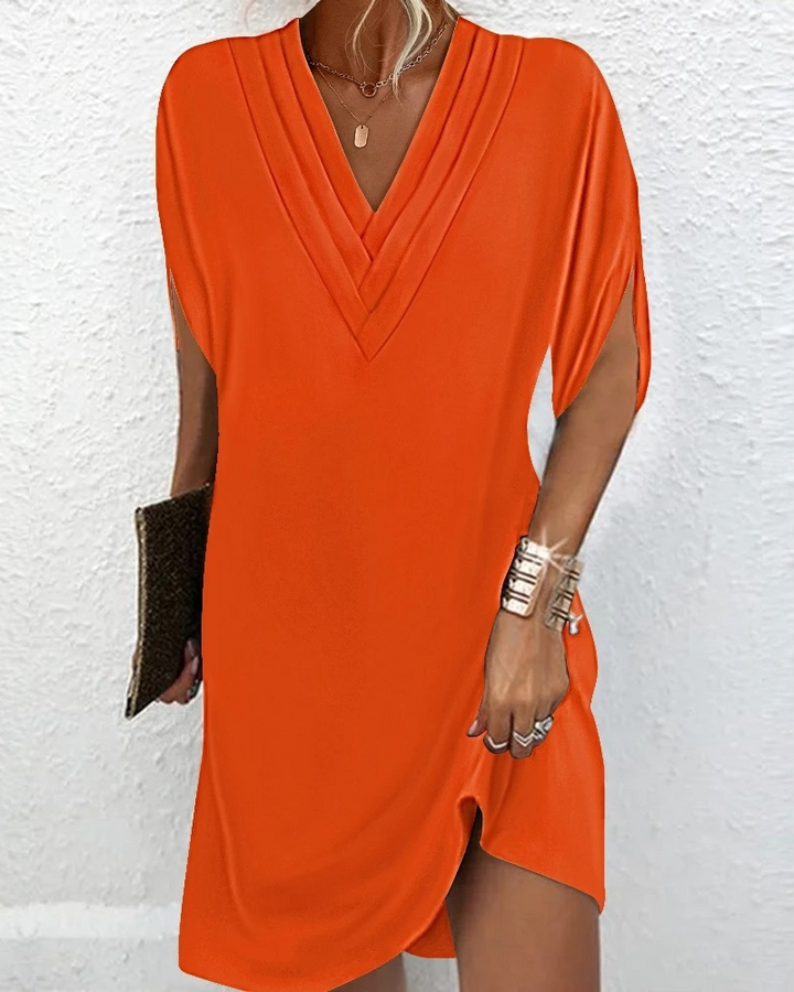 Levoire | Robe Décolleté En V Modèle Décontracté Robe À Manches Courtes Robe D'Été Orange