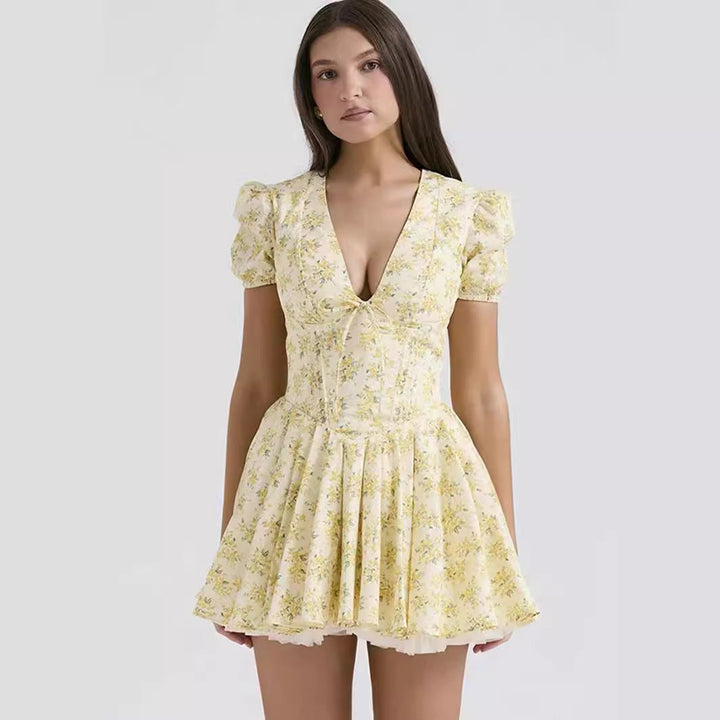 Levoire | Robe Décolletée En V, Manches Bouffantes, Robe Fleurie, Robe Corset