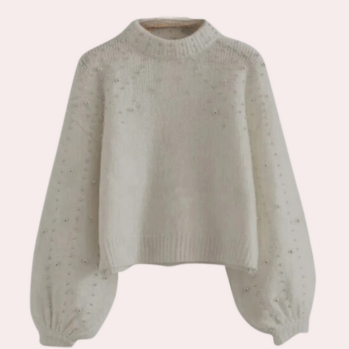 Levoire | Pull-Femme-Élégant-Avec-Col-Rond-Et-Décoration-En-Perles Blanc