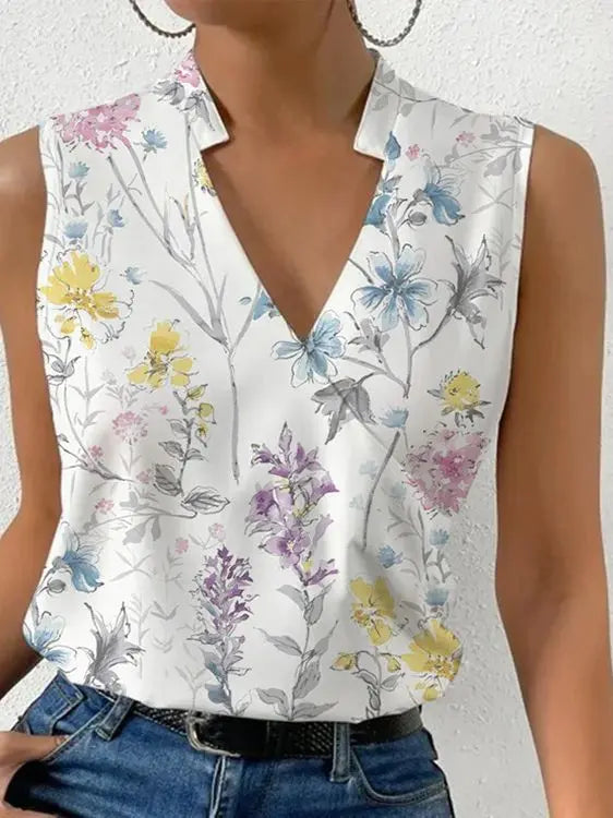Levoire | Débardeur Col V Imprimé Blouse D'Été Blumen 2