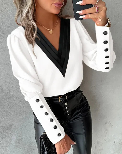 Levoire | Élégante Blouse À Décolleté En V Avec Des Manches Marquées Pour Femmes Blanc