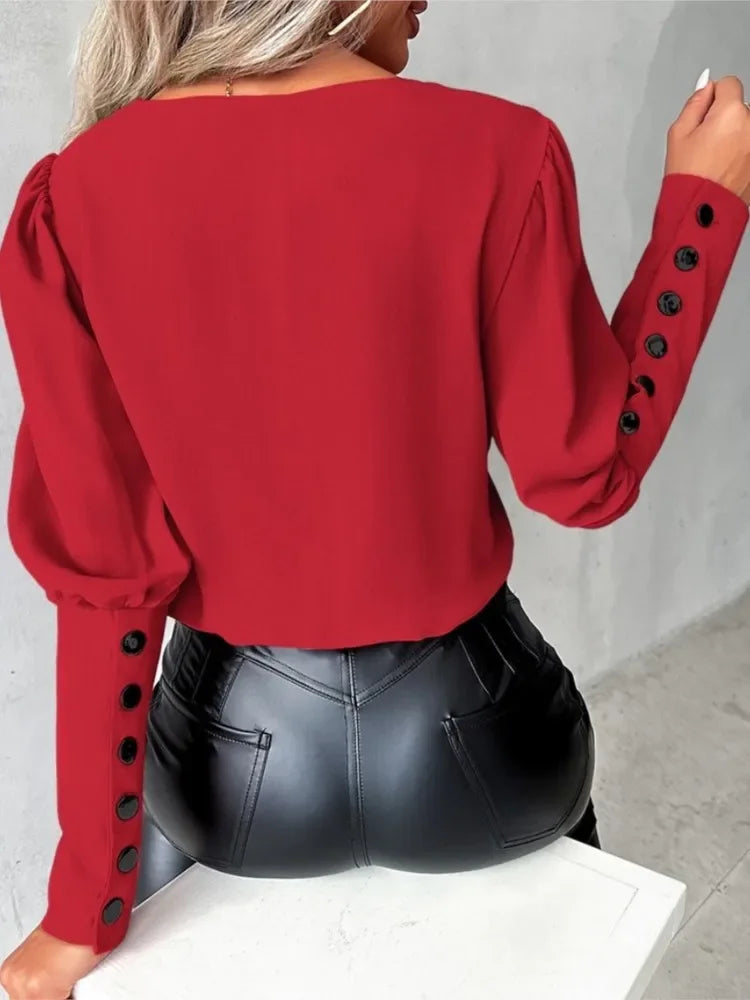 Levoire | Élégante Blouse À Décolleté En V Avec Des Manches Marquées Pour Femmes