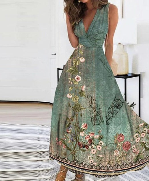Levoire | Robe Maxi Colorée Tendance Avec Découpe En V Vert