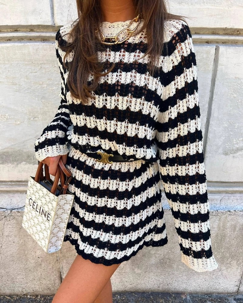 Levoire | Robe Maille Rayée Jacquard Décontractée Beige