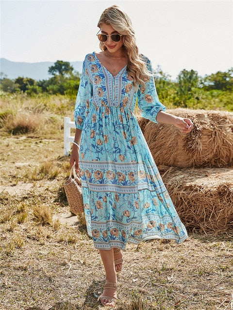 Levoire | Robe À Motifs Floraux Style Bohème Bleu